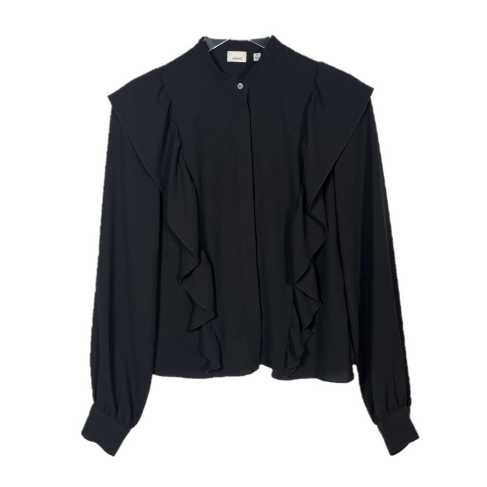 Aritzia Wilfred Black Ruffle Long Sleeve Hidden Button Front Blouse Size XS